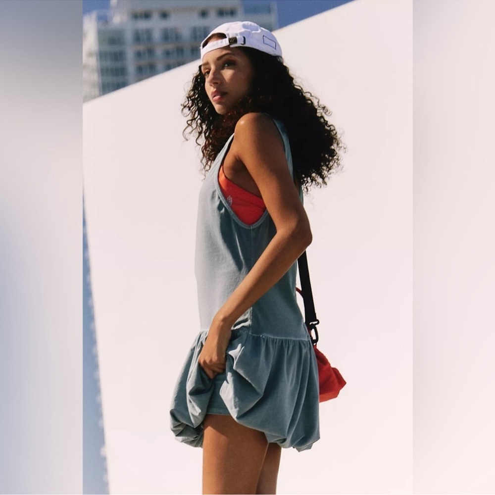 Free People Dusty Blue Ruffle-Hem Mini Dress with White Cap Sleeves - Picture 8 of 13